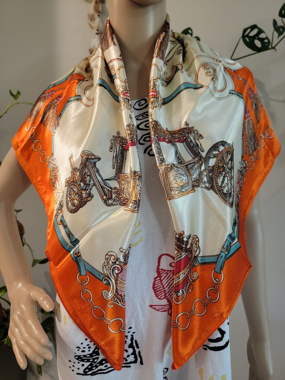 Elegant Orange & Cream Carriage Print Silk-Feel Scarf